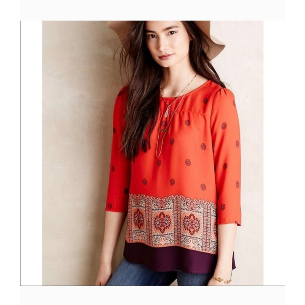 Anthropologie Maeve rila bordered Orange & Purple medallion boho Blouse S